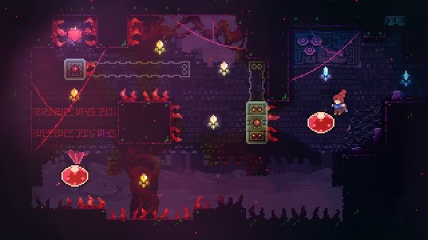 Screenshot from Celeste showing the player character navigating a dark, spiky platforming section with glowing crystals.