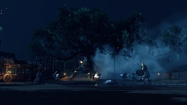 Screenshot from Ghost of Tsushima DIRECTOR'S CUT showing a nighttime battle scene with warriors and a large tree in the background.