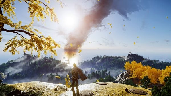 Screenshot from Ghost of Tsushima DIRECTOR'S CUT. A lone samurai stands on a cliff, overlooking a smoking landscape with autumn trees and clear skies.