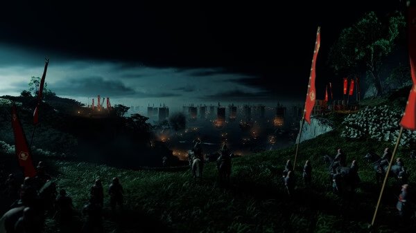 Ghost of Tsushima DIRECTOR'S CUT screenshot: Samurai gather on a grassy hill, overlooking a lit fortress under a dark, cloudy night sky.