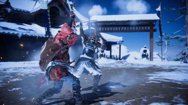 Screenshot from Ghost of Tsushima DIRECTOR'S CUT showing two samurai clashing swords in a snowy courtyard.