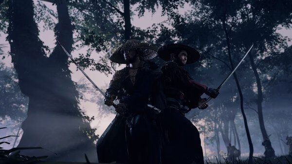 Screenshot from Ghost of Tsushima DIRECTOR'S CUT showing two samurai warriors with swords drawn, standing back-to-back in a forest.