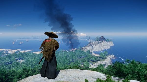 Screenshot from Ghost of Tsushima DIRECTOR'S CUT: A samurai stands on a cliff overlooking a village and smoke in the distance.