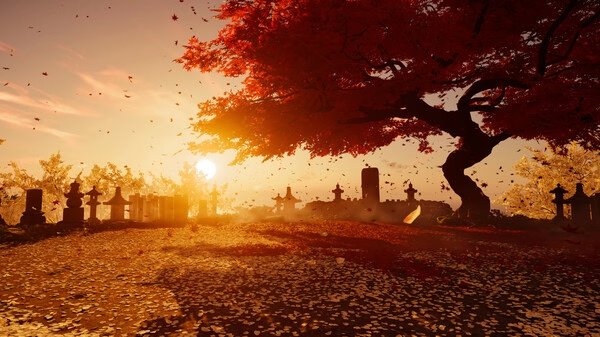 A scenic Ghost of Tsushima DIRECTOR'S CUT screenshot shows a vibrant red tree and falling leaves at sunset near stone lanterns.