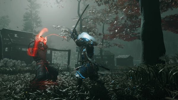 Samurai duel in Ghost of Tsushima DIRECTOR'S CUT screenshot; two warriors clash swords amid a misty forest with red and blue glowing effects.