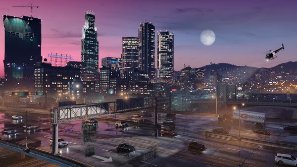 A Grand Theft Auto V screenshot showing a cityscape at dusk with skyscrapers, cars on a highway, and a helicopter in the sky.