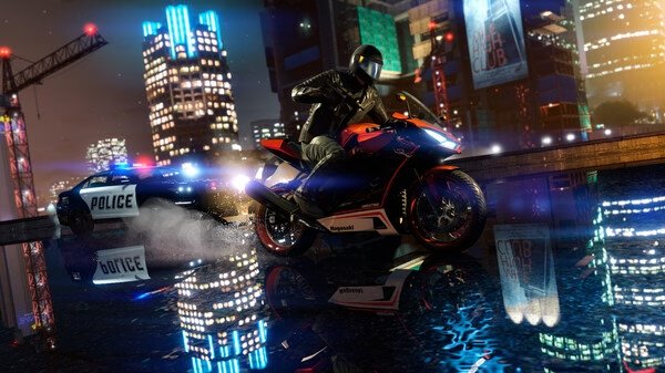 Screenshot from Grand Theft Auto V showing a motorcyclist speeding away from a pursuing police car at night in a vibrant cityscape.