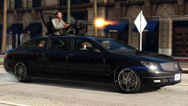 Grand Theft Auto V screenshot: A man firing a mounted gun on a black limousine while driving through a city street.