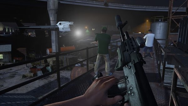 A Grand Theft Auto V screenshot showing a player aiming a rifle at a helicopter while two characters stand on a rooftop at night.