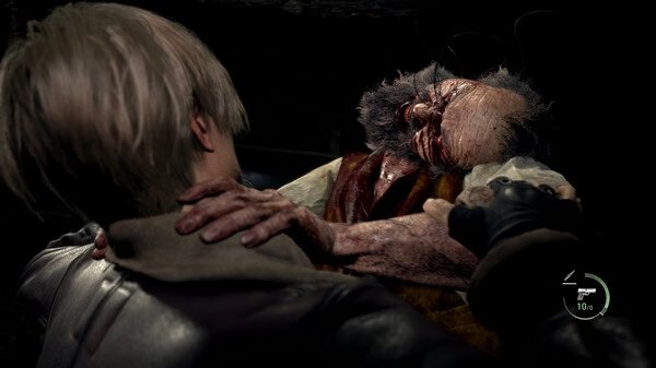 Resident Evil 4 Remake screenshot: A character with blonde hair grapples a grotesque, bloodied creature in a tense encounter.