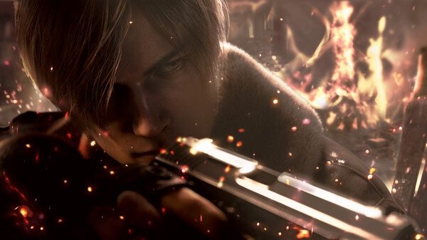 Resident Evil 4 Remake screenshot: A character with a fur-lined coat holds a weapon, facing a fiery background with sparks flying.