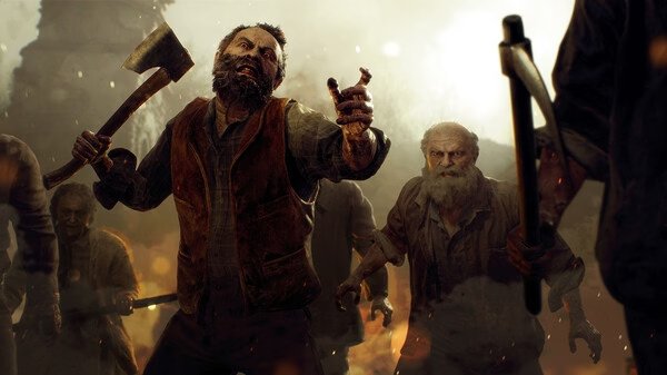A screenshot from Resident Evil 4 Remake showing hostile villagers wielding weapons and approaching ominously in a rural setting.