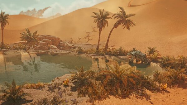Monster Hunter Wilds screenshot: A desert oasis with palm trees, water, and a large creature lurking near the shore.