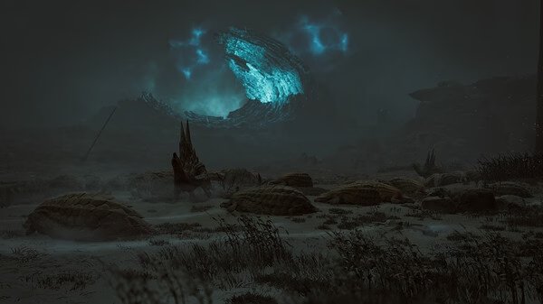 A screenshot from Monster Hunter Wilds shows a dark, eerie landscape with turtle-like creatures and a glowing blue vortex in the sky.