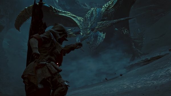 A hunter in armor faces a dragon in a snowy landscape in a Monster Hunter Wilds screenshot.