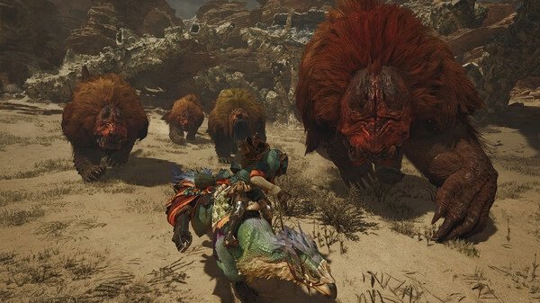 Monster Hunter Wilds screenshot: A player rides a creature while being chased by four large, red-furred beasts in a rocky desert.