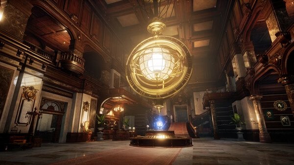 A Lies Of P screenshot showing a grand, ornate hall with a glowing spherical centerpiece and detailed architectural design.