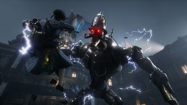 Screenshot from 'Lies Of P': A character in a blue coat battles a large, electrified robot with glowing red eyes.