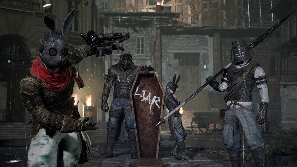 Screenshot from Lies of P showing three masked characters posing around a coffin labeled "LIAR" in a dark, eerie setting.