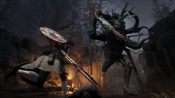 Screenshot from Lies Of P showing a character battling a large, grotesque monster in a dark, eerie forest setting.