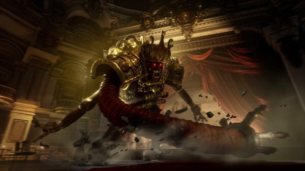 A menacing mechanical creature with red eyes in a grand hall in Lies Of P. Dramatic lighting enhances the intense scene. Screenshot.