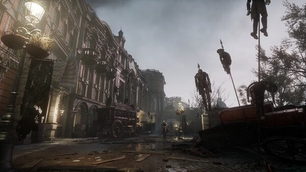 Lies Of P screenshot: A haunting street scene with hanging puppets, eerie architecture, and a lone figure in the distance.
