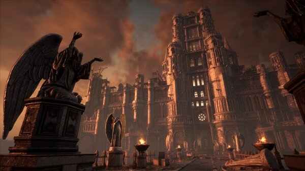 Screenshot from Lies Of P showing a grand gothic cathedral with statues and lit torches against a dramatic sky.