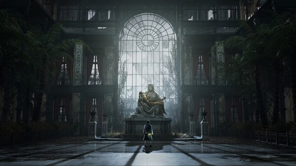A 'Lies Of P' screenshot shows a character approaching a grand statue in a dimly lit, ornate hall with large arched windows.