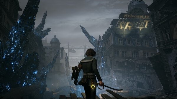 Screenshot from Lies Of P showing a character with a sword standing in a ruined cityscape with glowing blue crystals.