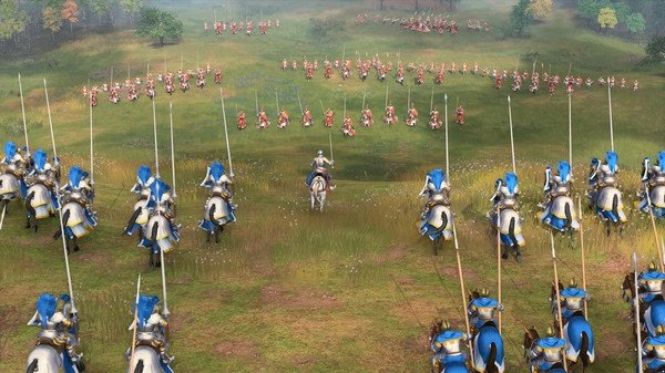 Screenshot from Age of Empires IV showing two armies facing off in a grassy battlefield.
