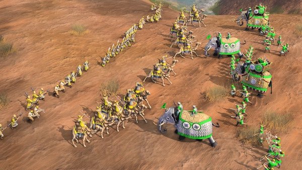 Screenshot from Age of Empires IV showing a large army with camels and elephants in a desert landscape, preparing for battle.