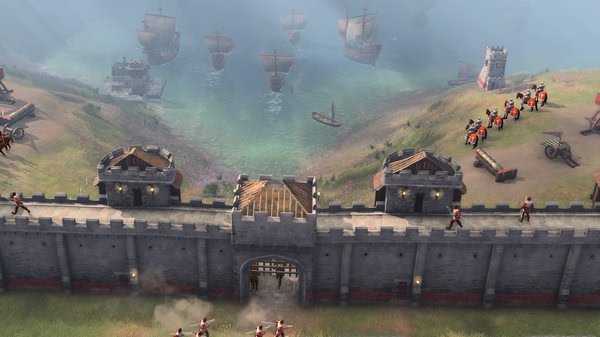 Screenshot from Age of Empires IV showing a fortified wall with soldiers, overlooking ships in a misty harbor.