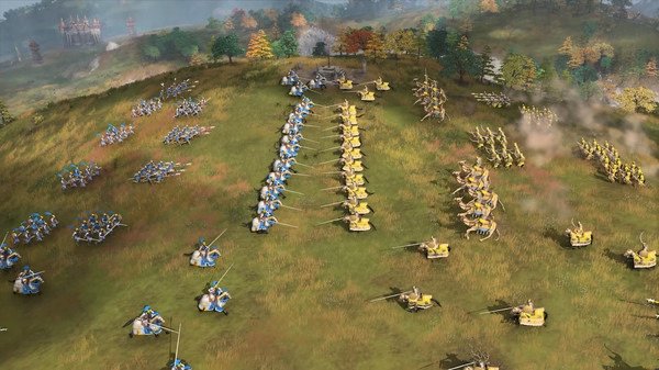 Screenshot from Age of Empires IV showing an army of cavalry and infantry in blue and yellow formations on a grassy battlefield.