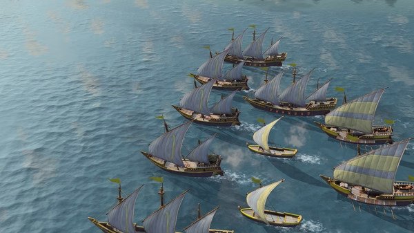 Screenshot from Age of Empires IV showing a fleet of medieval ships sailing on a vast, blue ocean under a partly cloudy sky.
