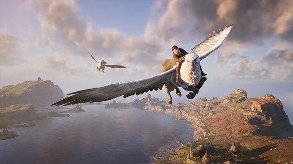 A screenshot from Hogwarts Legacy showing a character flying on a Hippogriff over a scenic landscape with cliffs and water.