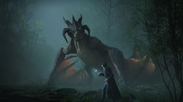 A Hogwarts Legacy screenshot showing a player character facing a large dragon in a misty forest while holding a glowing wand.