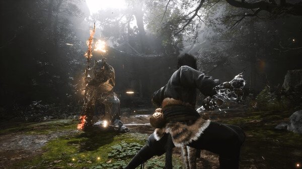 Screenshot from Black Myth: Wukong showing a tense battle between a warrior holding a staff and a large armored opponent in a forest.