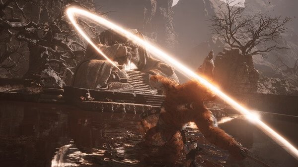Screenshot from 'Black Myth: Wukong' showing a fierce battle between Wukong and a large statue in a desolate landscape.