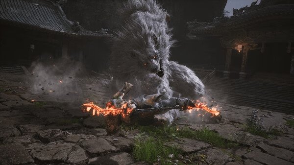 A screenshot from Black Myth: Wukong showing a fierce battle between Wukong and a massive, snarling wolf-like creature.