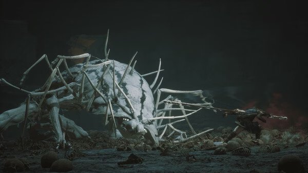 Black Myth: Wukong screenshot showing a warrior battling a massive spider-like creature in a dark, eerie environment with bones scattered around.