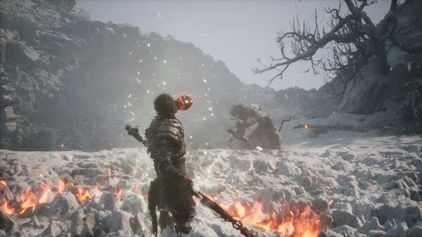 A "Black Myth: Wukong" screenshot showing a warrior holding a fiery staff, facing a crouching creature in a snowy landscape.