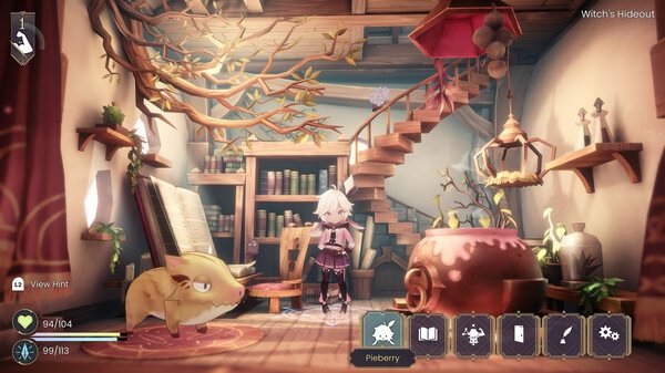 WitchSpring R screenshot: A character stands in a cozy, plant-filled room with a yellow creature nearby and books on the shelves.