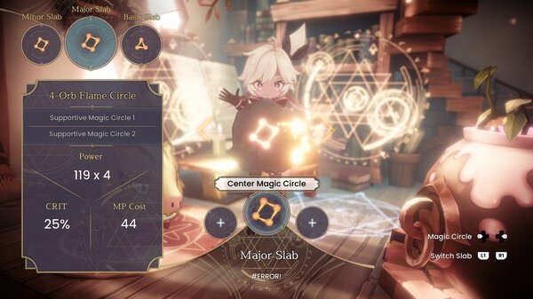 Screenshot from WitchSpring R showing a character casting magic in a detailed room with glowing symbols and spell stats displayed.