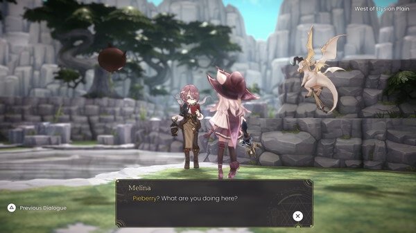 WitchSpring R screenshot: Two characters converse in a scenic area with cliffs, greenery, and a small dragon perched nearby.
