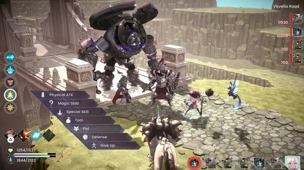 Screenshot from WitchSpring R showing a character party facing a large armored robot on a stone bridge with combat options displayed.