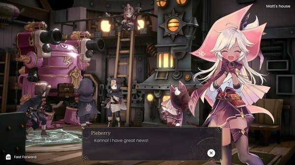Screenshot from WitchSpring R showing Pieberry excitedly sharing news with Kanna inside a steampunk-style room with machinery.