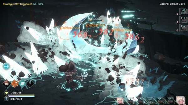 A "WitchSpring R" screenshot shows a character casting spells in Backhill Golem Cave, with critical damage numbers displayed.