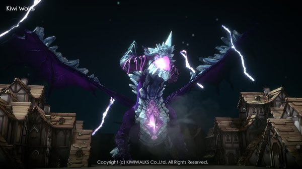 WitchSpring R screenshot: A mystical dragon with glowing purple crystals stands menacingly among wooden buildings under a dark sky.