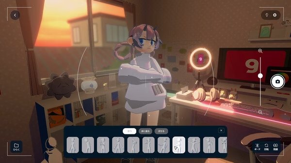 Screenshot from 'gogh: Focus with Your Avatar' showing a virtual character standing in a cozy, sunlit room with a gaming setup.