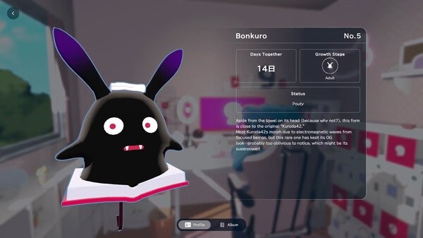 Screenshot from 'gogh: Focus with Your Avatar' showing Bonkuro, a black bunny-like avatar, floating with a book in a cozy room.